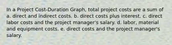 In a Project Cost-Duration Graph, total project costs are a sum of a. direct and indirect costs. b. direct costs plus interest. c. direct labor costs and the project manager's salary. d. labor, material and equipment costs. e. direct costs and the project manager's salary.