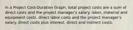 In a Project Cost-Duration Graph, total project costs are a sum of direct costs and the project manager's salary. labor, material and equipment costs. direct labor costs and the project manager's salary. direct costs plus interest. direct and indirect costs.