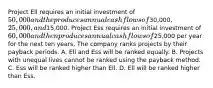 Project Ell requires an initial investment of​ 50,000 and the produces annual cash flows of​30,000, 25,000, and​15,000. Project Ess requires an initial investment of​ 60,000 and then produces annual cash flows of​25,000 per year for the next ten years. The company ranks projects by their payback periods. A. Ell and Ess will be ranked equally. B. Projects with unequal lives cannot be ranked using the payback method. C. Ess will be ranked higher than Ell. D. Ell will be ranked higher than Ess.