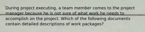 During project executing, a team member comes to the project manager because he is not sure of what work he needs to accomplish on the project. Which of the following documents contain detailed descriptions of work packages?