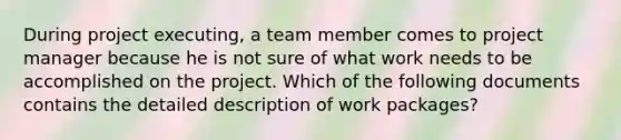 During project executing, a team member comes to project manager because he is not sure of what work needs to be accomplished on the project. Which of the following documents contains the detailed description of work packages?