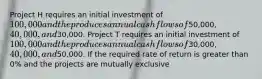 Project H requires an initial investment of​ 100,000 and the produces annual cash flows of​50,000, 40,000, and​30,000. Project T requires an initial investment of​ 100,000 and the produces annual cash flows of​30,000, 40,000, and​50,000. If the required rate of return is greater than​0% and the projects are mutually exclusive