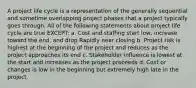 A project life cycle is a representation of the generally sequential and sometime overlapping project phases that a project typically goes through. All of the following statements about project life cycle are true EXCEPT: a. Cost and staffing start low, increase toward the end, and drop Rapidly near closing b. Project risk is highest at the beginning of the project and reduces as the project approaches its end c. Stakeholder influence is lowest at the start and increases as the project proceeds d. Cost or changes is low in the beginning but extremely high late in the project.