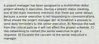 A project manager has been assigned to a multimillion-dollar project already in execution. During a project status meeting, one of the team members mentions that there are some delays because a senior executive is not responding to communications. What should the project manager do? A) Establish a process to send daily reminders to the senior executive. B) Remove the task from the critical path so it will not affect the project schedule. C) Use networking to contact the senior executive to get a response. D) Escalate the concern to the senior executive's manager.