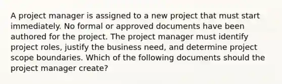 A project manager is assigned to a new project that must start immediately. No formal or approved documents have been authored for the project. The project manager must identify project roles, justify the business need, and determine project scope boundaries. Which of the following documents should the project manager create?