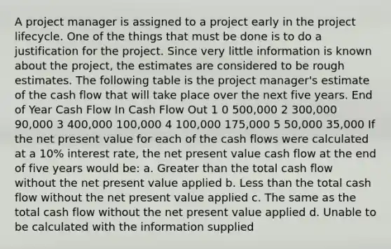 A project manager is assigned to a project early in the project lifecycle. One of the things that must be done is to do a justification for the project. Since very little information is known about the project, the estimates are considered to be rough estimates. The following table is the project manager's estimate of the cash flow that will take place over the next five years. End of Year Cash Flow In Cash Flow Out 1 0 500,000 2 300,000 90,000 3 400,000 100,000 4 100,000 175,000 5 50,000 35,000 If the net present value for each of the cash flows were calculated at a 10% interest rate, the net present value cash flow at the end of five years would be: a. Greater than the total cash flow without the net present value applied b. Less than the total cash flow without the net present value applied c. The same as the total cash flow without the net present value applied d. Unable to be calculated with the information supplied