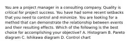 You are a project manager in a consulting company. Quality is critical for project success. You have had some recent setbacks that you need to control and minimize. You are looking for a method that can demonstrate the relationship between events and their resulting effects. Which of the following is the best choice for accomplishing your objective? A. Histogram B. Pareto diagram C. Ishikawa diagram D. Control chart