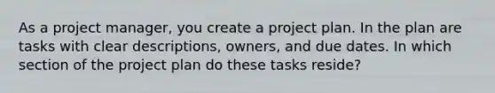 As a project manager, you create a project plan. In the plan are tasks with clear descriptions, owners, and due dates. In which section of the project plan do these tasks reside?