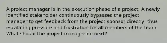 A project manager is in the execution phase of a project. A newly identified stakeholder continuously bypasses the project manager to get feedback from the project sponsor directly, thus escalating pressure and frustration for all members of the team. What should the project manager do next?