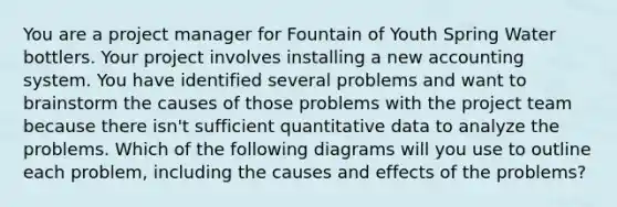 You are a project manager for Fountain of Youth Spring Water bottlers. Your project involves installing a new accounting system. You have identified several problems and want to brainstorm the causes of those problems with the project team because there isn't sufficient quantitative data to analyze the problems. Which of the following diagrams will you use to outline each problem, including the causes and effects of the problems?