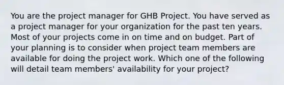 You are the project manager for GHB Project. You have served as a project manager for your organization for the past ten years. Most of your projects come in on time and on budget. Part of your planning is to consider when project team members are available for doing the project work. Which one of the following will detail team members' availability for your project?