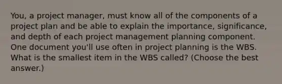 You, a project manager, must know all of the components of a project plan and be able to explain the importance, significance, and depth of each project management planning component. One document you'll use often in project planning is the WBS. What is the smallest item in the WBS called? (Choose the best answer.)