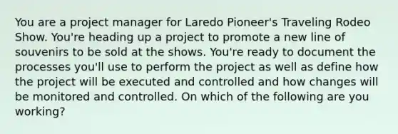 You are a project manager for Laredo Pioneer's Traveling Rodeo Show. You're heading up a project to promote a new line of souvenirs to be sold at the shows. You're ready to document the processes you'll use to perform the project as well as define how the project will be executed and controlled and how changes will be monitored and controlled. On which of the following are you working?