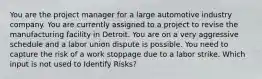 You are the project manager for a large automotive industry company. You are currently assigned to a project to revise the manufacturing facility in Detroit. You are on a very aggressive schedule and a labor union dispute is possible. You need to capture the risk of a work stoppage due to a labor strike. Which input is not used to Identify Risks?