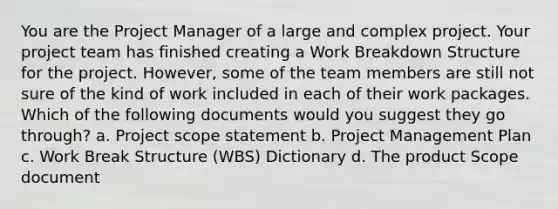 You are the Project Manager of a large and complex project. Your project team has finished creating a Work Breakdown Structure for the project. However, some of the team members are still not sure of the kind of work included in each of their work packages. Which of the following documents would you suggest they go through? a. Project scope statement b. Project Management Plan c. Work Break Structure (WBS) Dictionary d. The product Scope document