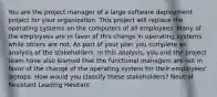 You are the project manager of a large software deployment project for your organization. This project will replace the operating systems on the computers of all employees. Many of the employees are in favor of this change in operating systems while others are not. As part of your plan you complete an analysis of the stakeholders. In this analysis, you and the project team have also learned that the functional managers are not in favor of the change of the operating system for their employees' laptops. How would you classify these stakeholders? Neutral Resistant Leading Hesitant