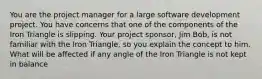 You are the project manager for a large software development project. You have concerns that one of the components of the Iron Triangle is slipping. Your project sponsor, Jim Bob, is not familiar with the Iron Triangle, so you explain the concept to him. What will be affected if any angle of the Iron Triangle is not kept in balance