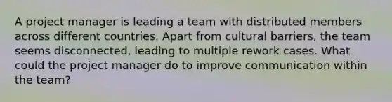 A project manager is leading a team with distributed members across different countries. Apart from cultural barriers, the team seems disconnected, leading to multiple rework cases. What could the project manager do to improve communication within the team?