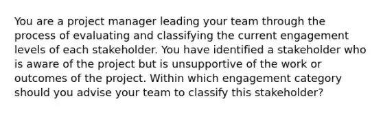 You are a project manager leading your team through the process of evaluating and classifying the current engagement levels of each stakeholder. You have identified a stakeholder who is aware of the project but is unsupportive of the work or outcomes of the project. Within which engagement category should you advise your team to classify this stakeholder?