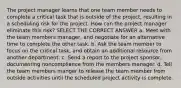 The project manager learns that one team member needs to complete a critical task that is outside of the project, resulting in a scheduling risk for the project. How can the project manager eliminate this risk? SELECT THE CORRECT ANSWER a. Meet with the team members manager, and negotiate for an alternative time to complete the other task. b. Ask the team member to focus on the critical task, and obtain an additional resource from another department. c. Send a report to the project sponsor, documenting noncompliance from the members manager. d. Tell the team members manger to release the team member from outside activities until the scheduled project activity is complete.