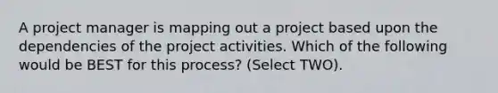 A project manager is mapping out a project based upon the dependencies of the project activities. Which of the following would be BEST for this process? (Select TWO).