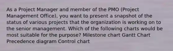 As a Project Manager and member of the PMO (Project Management Office), you want to present a snapshot of the status of various projects that the organization is working on to the senior management. Which of the following charts would be most suitable for the purpose? Milestone chart Gantt Chart Precedence diagram Control chart