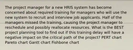 The project manager for a new HRIS system has become concerned about required training for managers who will use the new system to recruit and interview job applicants. Half of the managers missed the training, causing the project manager to reschedule and possibly reallocate resources. What is the BEST project planning tool to find out if this training delay will have a negative impact on the critical path of the project? PERT chart Pareto chart Gantt chart Fishbone chart