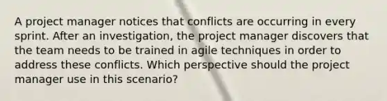 A project manager notices that conflicts are occurring in every sprint. After an investigation, the project manager discovers that the team needs to be trained in agile techniques in order to address these conflicts. Which perspective should the project manager use in this scenario?