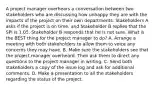 A project manager overhears a conversation between two stakeholders who are discussing how unhappy they are with the impacts of the project on their own departments. Stakeholders A asks if the project is on time, and Stakeholder B replies that the SPI is 1.05. Stakeholder B responds that he is not sure. What is the BEST thing for the project manager to do? A. Arrange a meeting with both stakeholders to allow them to voice any concerns they may have. B. Make sure the stakeholders see that the project manager overheard. Then ask them to direct any questions to the project manager in writing. C. Send both stakeholders a copy of the issue log and ask for additional comments. D. Make a presentation to all the stakeholders regarding the status of the project.