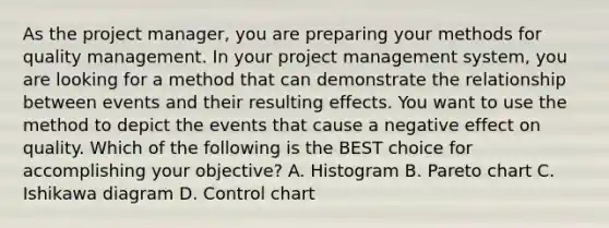 As the project manager, you are preparing your methods for quality management. In your project management system, you are looking for a method that can demonstrate the relationship between events and their resulting effects. You want to use the method to depict the events that cause a negative effect on quality. Which of the following is the BEST choice for accomplishing your objective? A. Histogram B. Pareto chart C. Ishikawa diagram D. Control chart