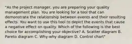 "As the project manager, you are preparing your quality management plan. You are looking for a tool that can demonstrate the relationship between events and their resulting effects. You want to use this tool to depict the events that cause a negative effect on quality. Which of the following is the best choice for accomplishing your objective? A. Scatter diagram B. Pareto diagram C. Why-why diagram D. Control chart"