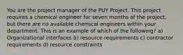 You are the project manager of the PUY Project. This project requires a chemical engineer for seven months of the project, but there are no available chemical engineers within your department. This is an example of which of the following? a) Organizational interfaces b) resource requirements c) contractor requirements d) resource constraints