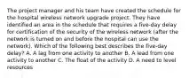 The project manager and his team have created the schedule for the hospital wireless network upgrade project. They have identified an area in the schedule that requires a five-day delay for certification of the security of the wireless network (after the network is turned on and before the hospital can use the network). Which of the following best describes the five-day delay? A. A lag from one activity to another B. A lead from one activity to another C. The float of the activity D. A need to level resources