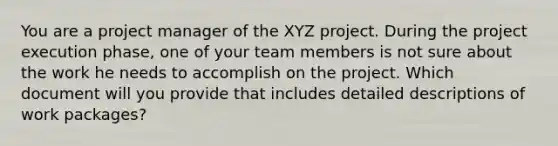 You are a project manager of the XYZ project. During the project execution phase, one of your team members is not sure about the work he needs to accomplish on the project. Which document will you provide that includes detailed descriptions of work packages?