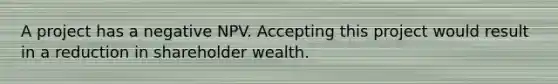 A project has a negative NPV. Accepting this project would result in a reduction in shareholder wealth.