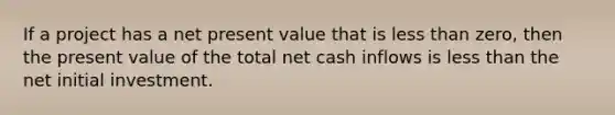 If a project has a net present value that is less than zero, then the present value of the total net cash inflows is less than the net initial investment.