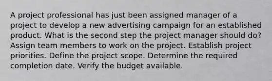 A project professional has just been assigned manager of a project to develop a new advertising campaign for an established product. What is the second step the project manager should do? Assign team members to work on the project. Establish project priorities. Define the project scope. Determine the required completion date. Verify the budget available.