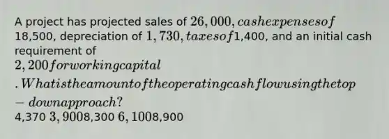 A project has projected sales of 26,000, cash expenses of18,500, depreciation of 1,730, taxes of1,400, and an initial cash requirement of 2,200 for working capital. What is the amount of the operating cash flow using the top-down approach?4,370 3,9008,300 6,1008,900