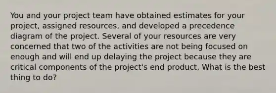 You and your project team have obtained estimates for your project, assigned resources, and developed a precedence diagram of the project. Several of your resources are very concerned that two of the activities are not being focused on enough and will end up delaying the project because they are critical components of the project's end product. What is the best thing to do?