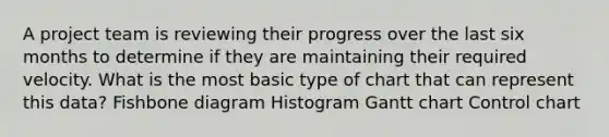 A project team is reviewing their progress over the last six months to determine if they are maintaining their required velocity. What is the most basic type of chart that can represent this data? Fishbone diagram Histogram Gantt chart Control chart