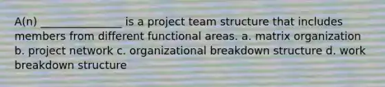 A(n) _______________ is a project team structure that includes members from different functional areas. a. matrix organization b. project network c. organizational breakdown structure d. work breakdown structure