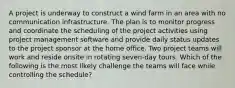 A project is underway to construct a wind farm in an area with no communication infrastructure. The plan is to monitor progress and coordinate the scheduling of the project activities using project management software and provide daily status updates to the project sponsor at the home office. Two project teams will work and reside onsite in rotating seven-day tours. Which of the following is the most likely challenge the teams will face while controlling the schedule?