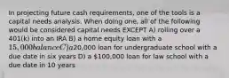 In projecting future cash requirements, one of the tools is a capital needs analysis. When doing one, all of the following would be considered capital needs EXCEPT A) rolling over a 401(k) into an IRA B) a home equity loan with a 15,000 balance C) a20,000 loan for undergraduate school with a due date in six years D) a 100,000 loan for law school with a due date in 10 years