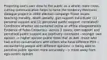 Projecting one's own view to the public as a whole; more cross-cutting communication helps to tame the tendency Electronic dialogue project in 2000 election campaign Three issues: teaching morality, death penalty, gun support Individuals' (1) personal support and (2) perceived public support: correlated? Conditions whether encountered online or offline disagreements Evidence of False-Consensus -across 3 issues, own support and perceived public support are positively correlated --stronger own opinion -> higher opinion public think that as well -those who had online conversations with others who have different POV --encountering people with different opinions -> being able to perceive public opinion more accurately --> more away from ego-centric opinion