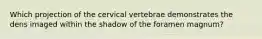 Which projection of the cervical vertebrae demonstrates the dens imaged within the shadow of the foramen magnum?