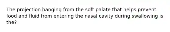 The projection hanging from the soft palate that helps prevent food and fluid from entering the nasal cavity during swallowing is the?