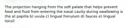 The projection hanging from the soft palate that helps prevent food and fluid from entering the nasal cavity during swallowing is the a) papilla b) uvula c) lingual frenulum d) fauces e) lingual tonsil