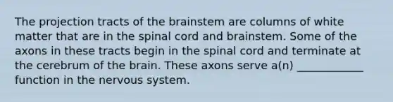 The projection tracts of the brainstem are columns of white matter that are in the spinal cord and brainstem. Some of the axons in these tracts begin in the spinal cord and terminate at the cerebrum of the brain. These axons serve a(n) ____________ function in the nervous system.