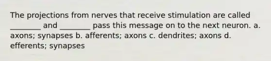 The projections from nerves that receive stimulation are called ________ and ________ pass this message on to the next neuron. a. axons; synapses b. afferents; axons c. dendrites; axons d. efferents; synapses