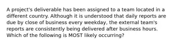 A project's deliverable has been assigned to a team located in a different country. Although it is understood that daily reports are due by close of business every weekday, the external team's reports are consistently being delivered after business hours. Which of the following is MOST likely occurring?